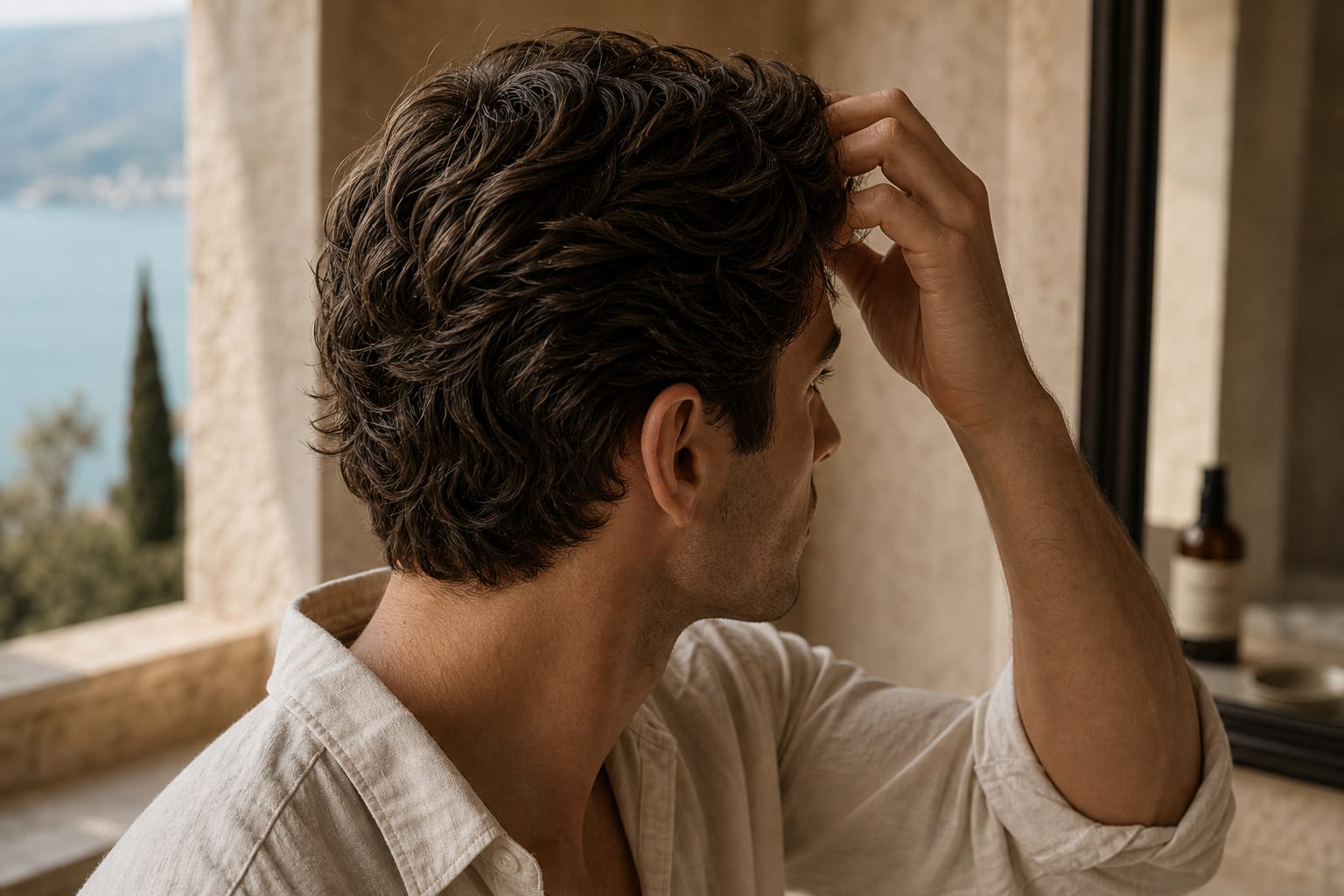 Close cropped men's hair texture in warm villa light