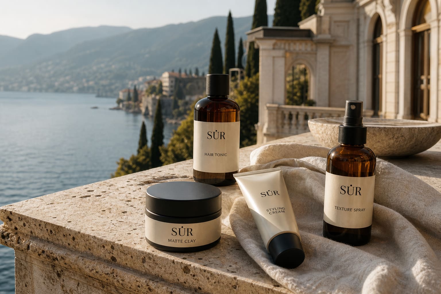 SÜR products naturally placed on a warm Lake Como stone terrace