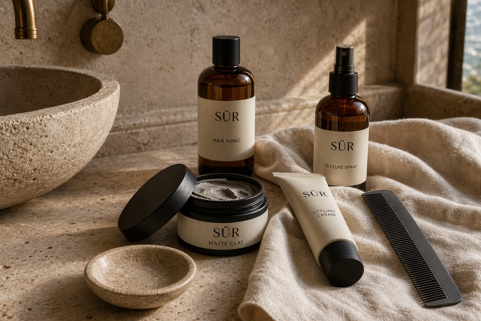 SÜR products placed casually on warm stone and linen